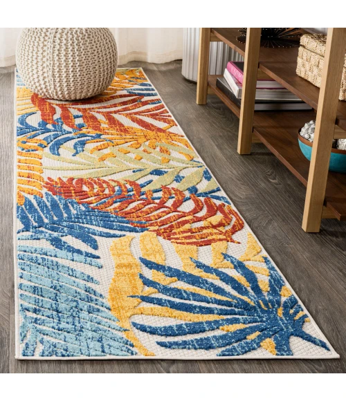 Tropics Palm Leaves Cream/Orange 2 ft. x 8 ft. Indoor/Outdoor Runner Rug