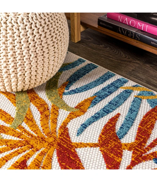 Tropics Palm Leaves Cream/Orange 6' Round Indoor/Outdoor Area Rug