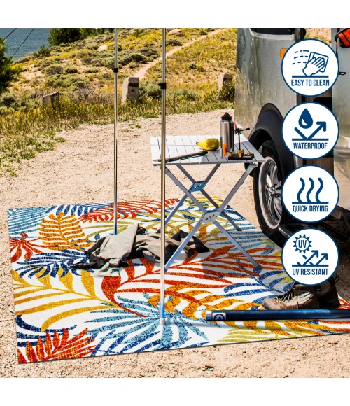 Tropics Palm Leaves Cream/Orange 6' Round Indoor/Outdoor Area Rug