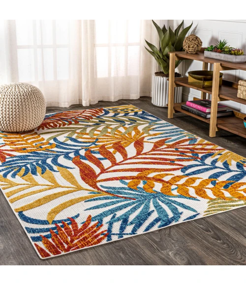 Tropics Palm Leaves Cream/Orange 3 ft. x 5 ft. Indoor/Outdoor Area Rug