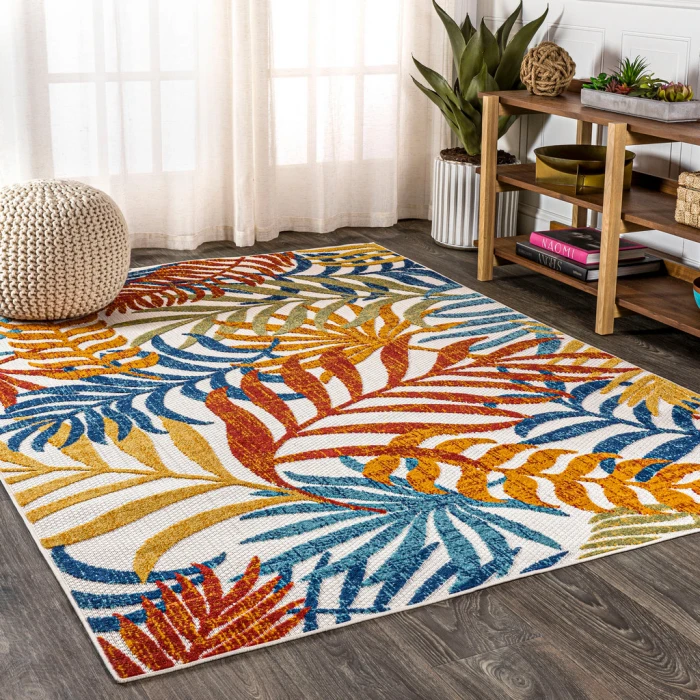 Tropics Palm Leaves Cream/Orange 4 ft. x 6 ft. Indoor/Outdoor Area Rug