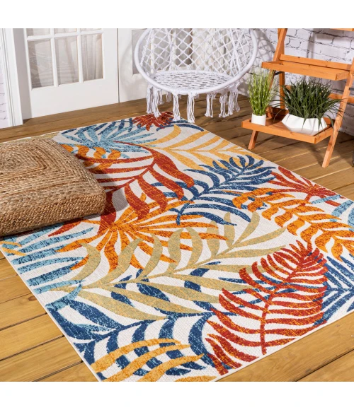Tropics Palm Leaves Cream/Orange 3 ft. x 5 ft. Indoor/Outdoor Area Rug