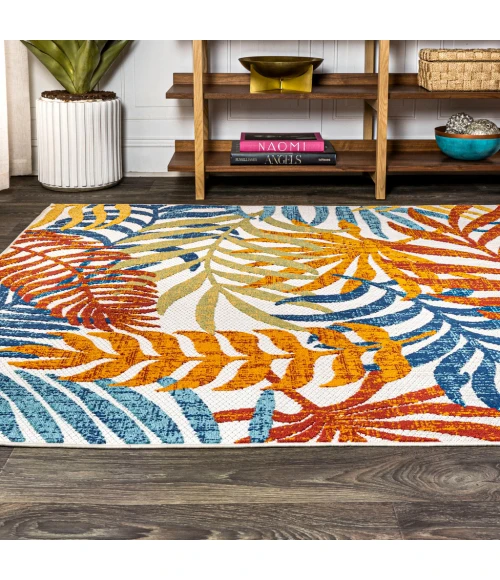 Tropics Palm Leaves Cream/Orange 3 ft. x 5 ft. Indoor/Outdoor Area Rug