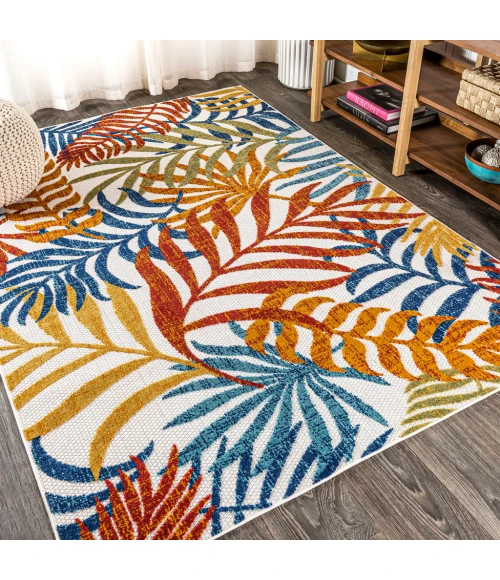 Tropics Palm Leaves Cream/Orange 3 ft. x 5 ft. Indoor/Outdoor Area Rug