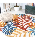 Tropics Palm Leaves Cream/Orange 6' Round Indoor/Outdoor Area Rug