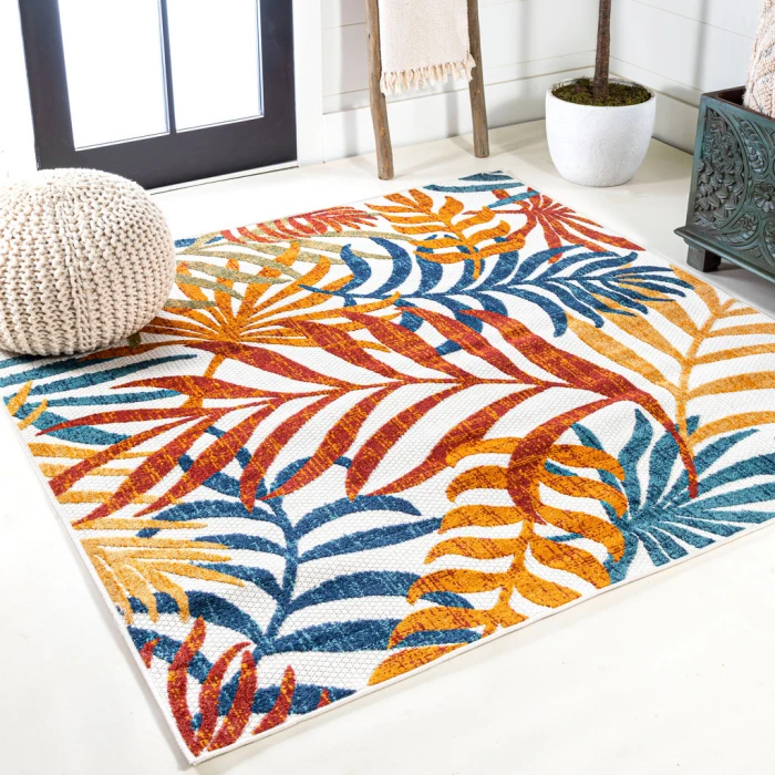 Tropics Palm Leaves Cream/Orange 5' Square Indoor/Outdoor Area Rug