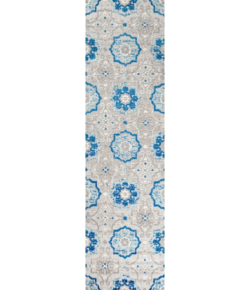 Mediterranean Medallion Blue/Gray 2 ft. x 10 ft. Indoor/Outdoor Runner Rug