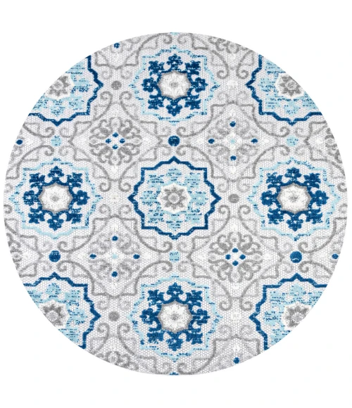 Mediterranean Medallion Blue/Gray 5' Round Indoor/Outdoor Area Rug