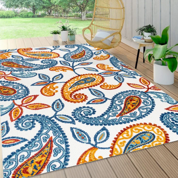 Julien Paisley High-Low Orange/Blue 5 ft. x 8 ft. Indoor/Outdoor Area Rug