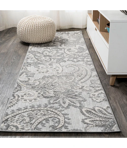 Gordes Paisley High-Low Light Gray/Ivory 2 ft. x 10 ft. Indoor/Outdoor Runner Rug