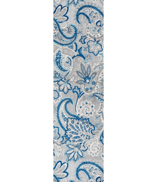 Gordes Paisley High-Low Light Gray/Blue 2 ft. x 8 ft. Indoor/Outdoor Runner Rug