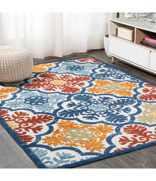 Cassis Ornate Ogee Trellis High-Low Blue/Multi 3 ft. x 5 ft. Indoor/Outdoor Area Rug