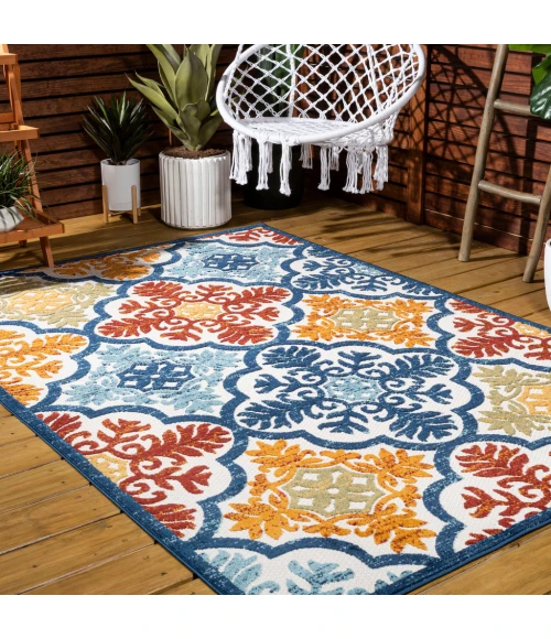 Cassis Ornate Ogee Trellis High-Low Blue/Multi 3 ft. x 5 ft. Indoor/Outdoor Area Rug