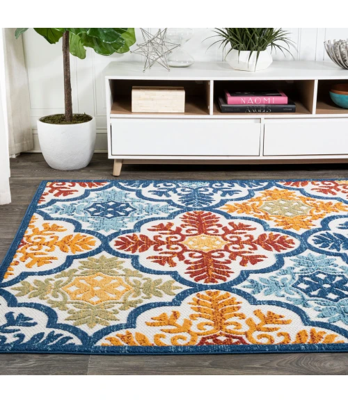 Cassis Ornate Ogee Trellis High-Low Blue/Multi 3 ft. x 5 ft. Indoor/Outdoor Area Rug