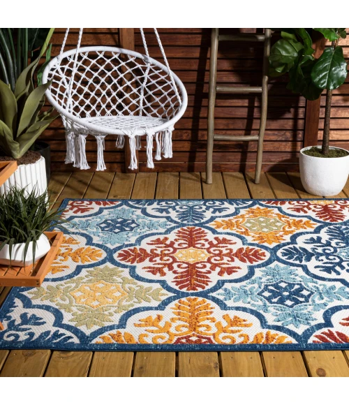 Cassis Ornate Ogee Trellis High-Low Blue/Multi 3 ft. x 5 ft. Indoor/Outdoor Area Rug
