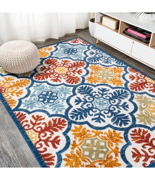Cassis Ornate Ogee Trellis High-Low Blue/Multi 3 ft. x 5 ft. Indoor/Outdoor Area Rug