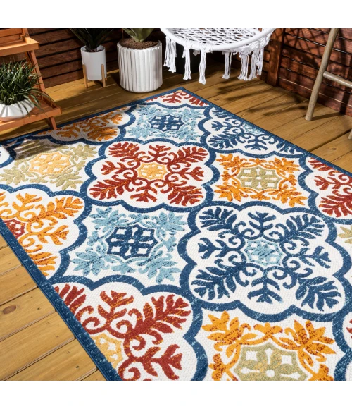 Cassis Ornate Ogee Trellis High-Low Blue/Multi 3 ft. x 5 ft. Indoor/Outdoor Area Rug