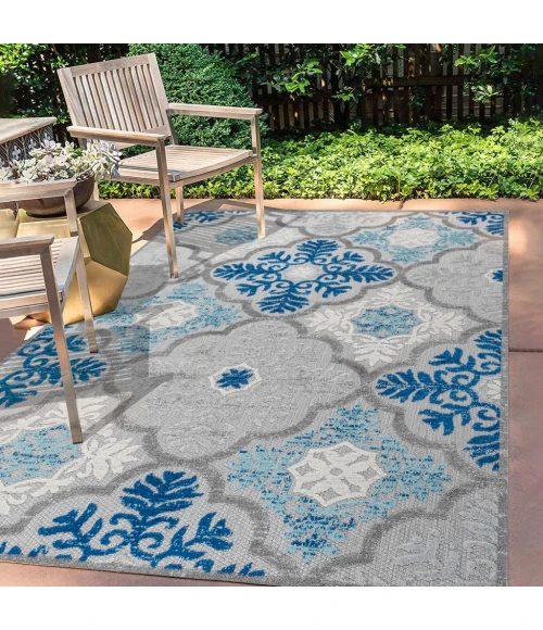 Cassis Ornate Ogee Trellis High-Low Light Gray/Blue 8 ft. x 10 ft. Indoor/Outdoor Area Rug
