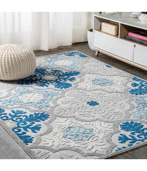 Cassis Ornate Ogee Trellis High-Low Light Gray/Blue 8 ft. x 10 ft. Indoor/Outdoor Area Rug