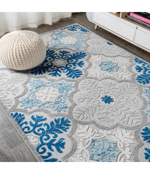 Cassis Ornate Ogee Trellis High-Low Light Gray/Blue 8 ft. x 10 ft. Indoor/Outdoor Area Rug