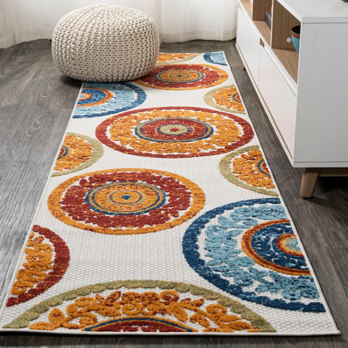 Circus Medallion High-Low Red/Blue 2 ft. x 10 ft. Indoor/Outdoor Runner Rug