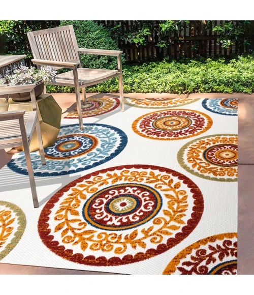 Circus Medallion High-Low Red/Blue 8 ft. x 10 ft. Indoor/Outdoor Area Rug