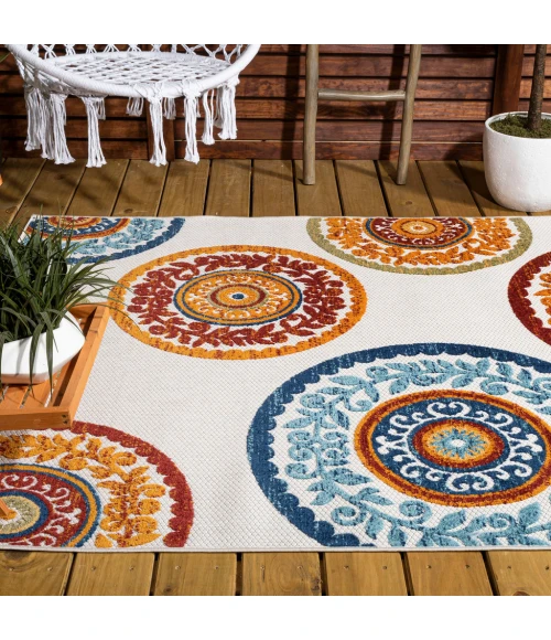 Circus Medallion High-Low Red/Blue 8 ft. x 10 ft. Indoor/Outdoor Area Rug