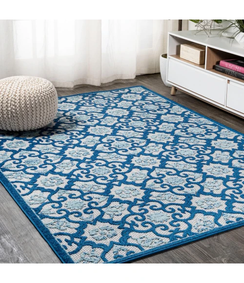 Gallia Tile Trellis High-Low Light Gray/Blue 8 ft. x 10 ft. Indoor/Outdoor Area Rug