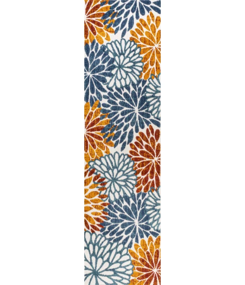 Crisantemo Floral High-Low Orange/Blue/Cream 2 ft. x 8 ft. Indoor/Outdoor Runner Rug