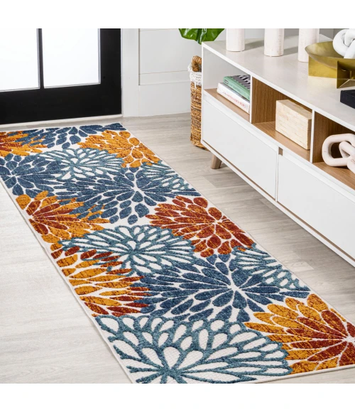 Crisantemo Floral High-Low Orange/Blue/Cream 2 ft. x 8 ft. Indoor/Outdoor Runner Rug