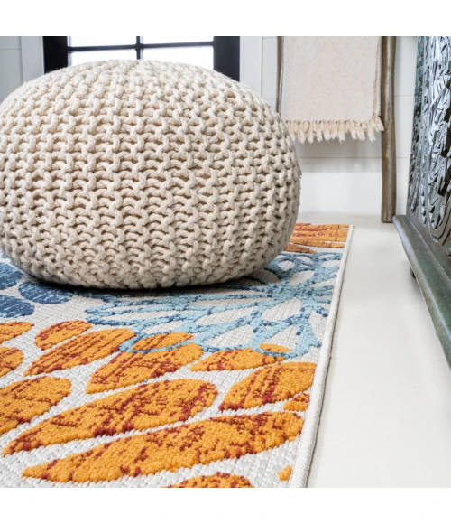 Crisantemo Floral High-Low Orange/Blue/Cream 2 ft. x 8 ft. Indoor/Outdoor Runner Rug