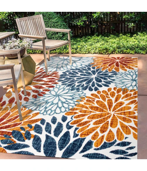 Crisantemo Floral Orange/Blue/Cream 5 ft. x 8 ft. Indoor/Outdoor Area Rug