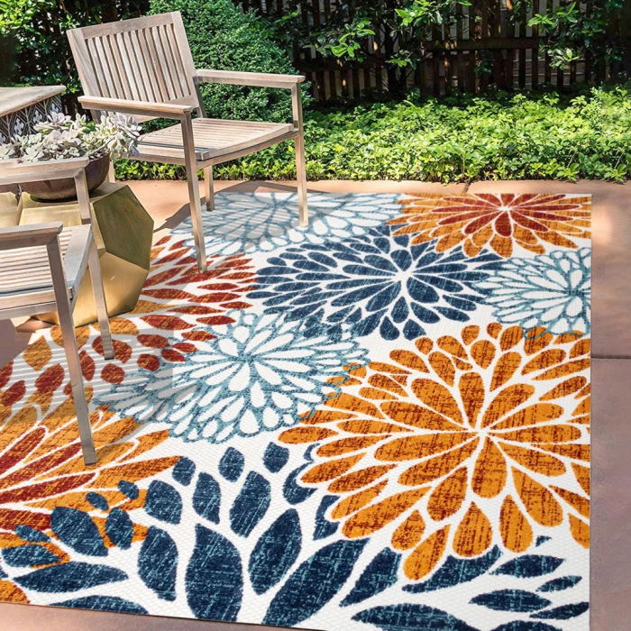 Crisantemo Floral Orange/Blue/Cream 8 ft. x 10 ft. Indoor/Outdoor Area Rug