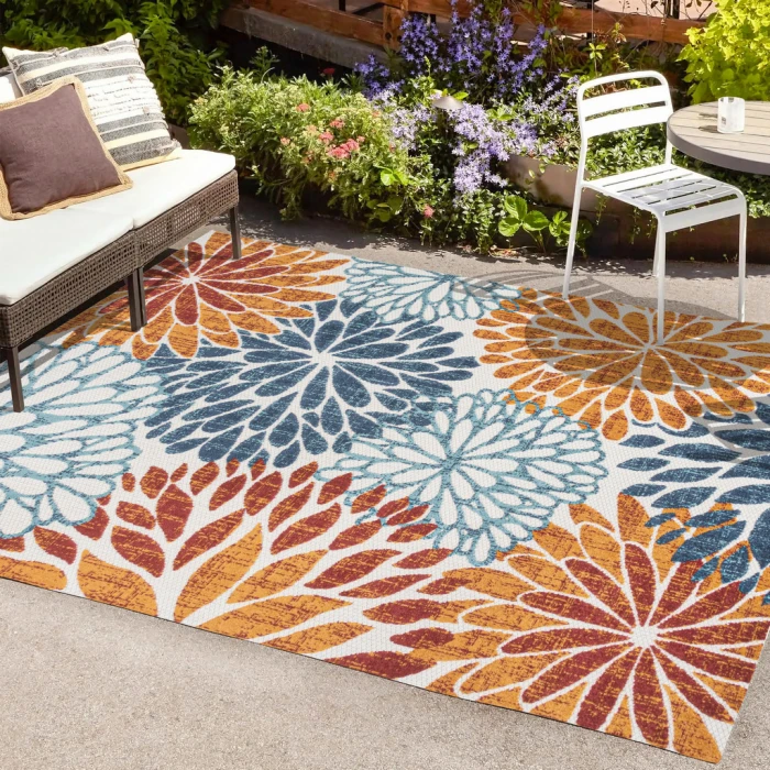 Crisantemo Floral Orange/Blue/Cream 8 ft. x 10 ft. Indoor/Outdoor Area Rug