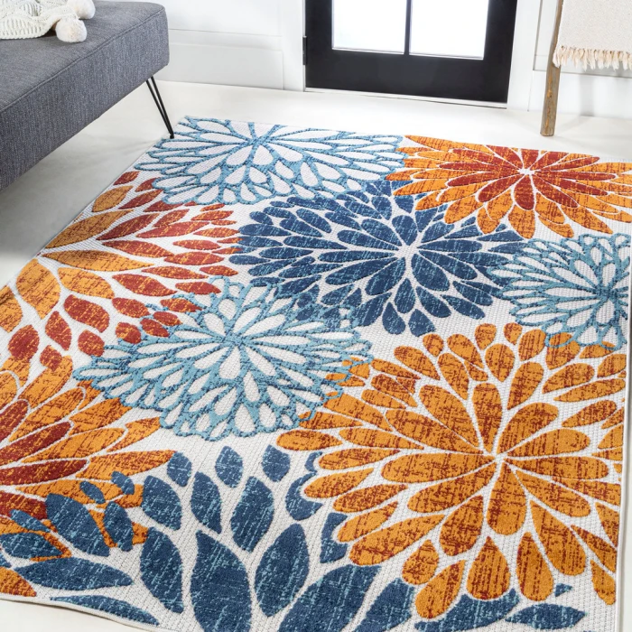 Crisantemo Floral Orange/Blue/Cream 8 ft. x 10 ft. Indoor/Outdoor Area Rug