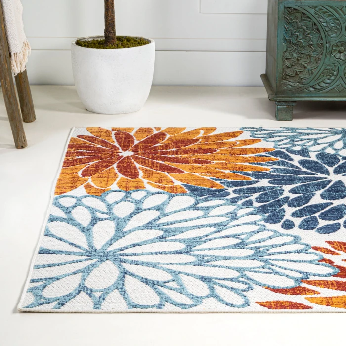 Crisantemo Floral Orange/Blue/Cream 8 ft. x 10 ft. Indoor/Outdoor Area Rug