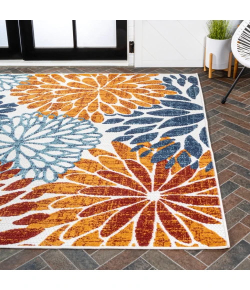 Crisantemo Floral Orange/Blue/Cream 5 ft. x 8 ft. Indoor/Outdoor Area Rug