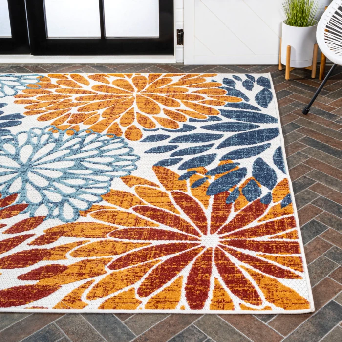 Crisantemo Floral Orange/Blue/Cream 8 ft. x 10 ft. Indoor/Outdoor Area Rug