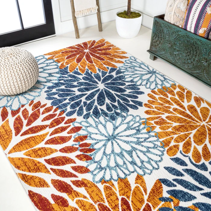 Crisantemo Floral Orange/Blue/Cream 8 ft. x 10 ft. Indoor/Outdoor Area Rug