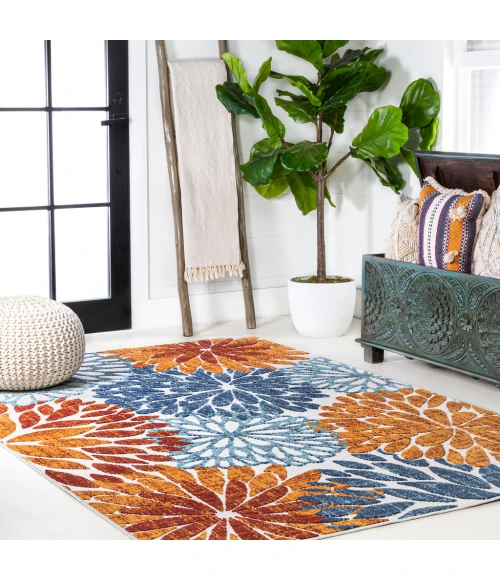 Crisantemo Floral Orange/Blue/Cream 5 ft. x 8 ft. Indoor/Outdoor Area Rug