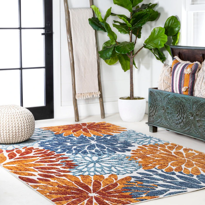 Crisantemo Floral Orange/Blue/Cream 8 ft. x 10 ft. Indoor/Outdoor Area Rug