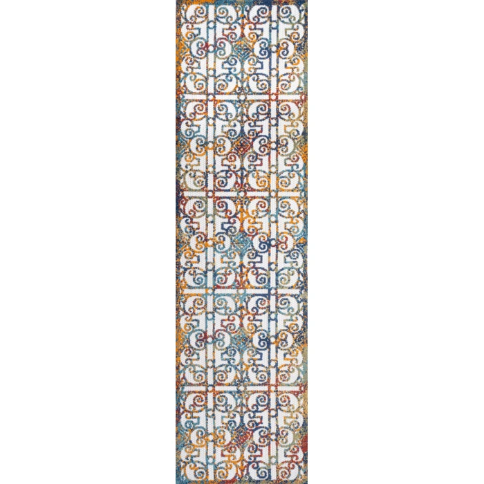 Cetara Ornate Trellis Cream/Blue/Orange 2 ft. x 8 ft. Indoor/Outdoor Runner Rug