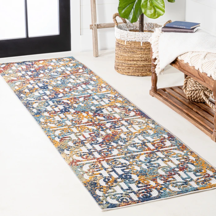 Cetara Ornate Trellis Cream/Blue/Orange 2 ft. x 8 ft. Indoor/Outdoor Runner Rug