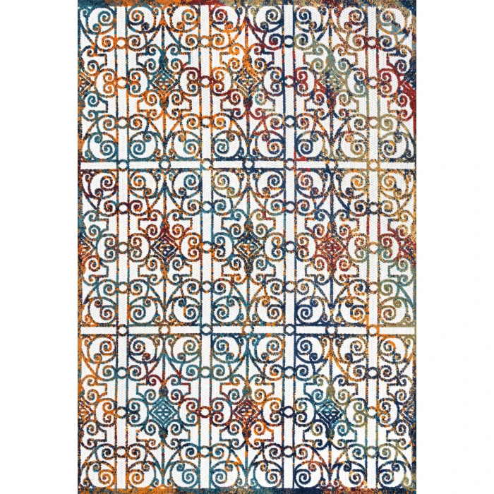 Cetara Ornate Trellis Cream/Blue/Orange 3 ft. x 5 ft. Indoor/Outdoor Area Rug