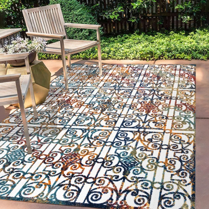 Cetara Ornate Trellis Cream/Blue/Orange 3 ft. x 5 ft. Indoor/Outdoor Area Rug