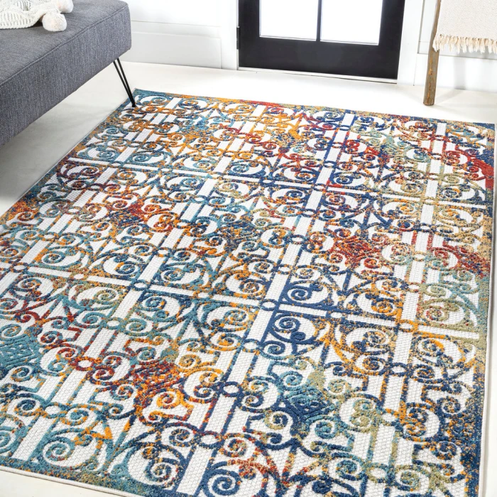 Cetara Ornate Trellis Cream/Blue/Orange 3 ft. x 5 ft. Indoor/Outdoor Area Rug