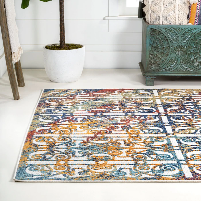 Cetara Ornate Trellis Cream/Blue/Orange 3 ft. x 5 ft. Indoor/Outdoor Area Rug