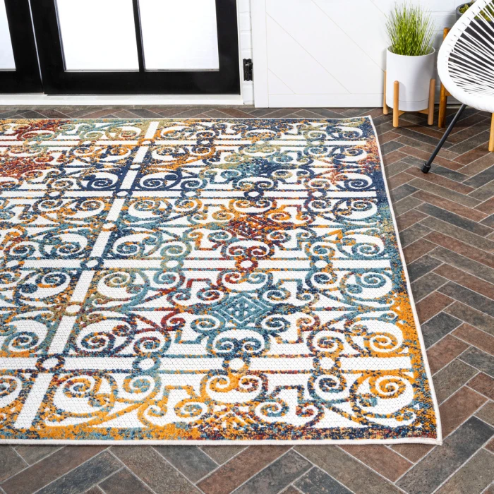 Cetara Ornate Trellis Cream/Blue/Orange 3 ft. x 5 ft. Indoor/Outdoor Area Rug