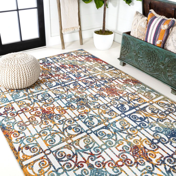 Cetara Ornate Trellis Cream/Blue/Orange 3 ft. x 5 ft. Indoor/Outdoor Area Rug