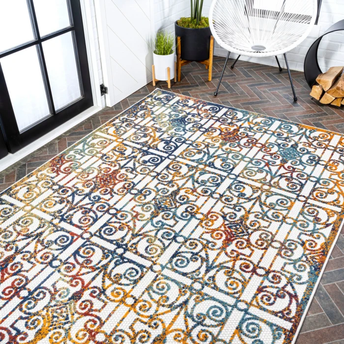 Cetara Ornate Trellis Cream/Blue/Orange 3 ft. x 5 ft. Indoor/Outdoor Area Rug